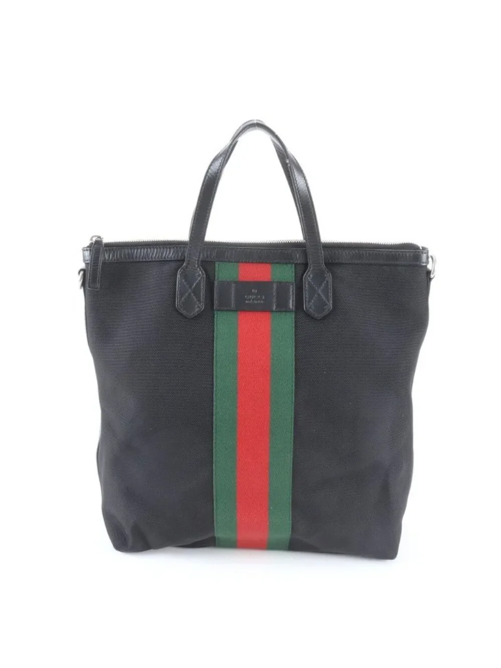 Gucci Sherry Line Leather Canvas Tote Shoulder Business Black